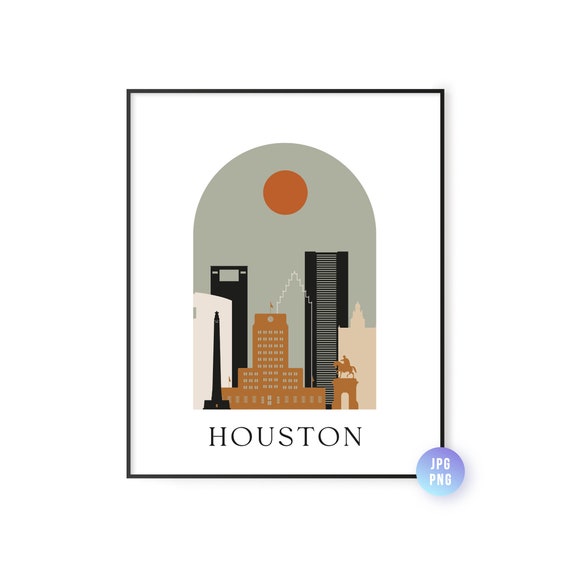 Houston Skyline Bohemian Print Tx Boho Sun City Arc Mid Century Modern Decor Home Instant Jpg Png