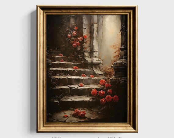 Gothic Wall Art Romantic Home Decor Floral Staircase Art Print Moody Art Roses Wall Art