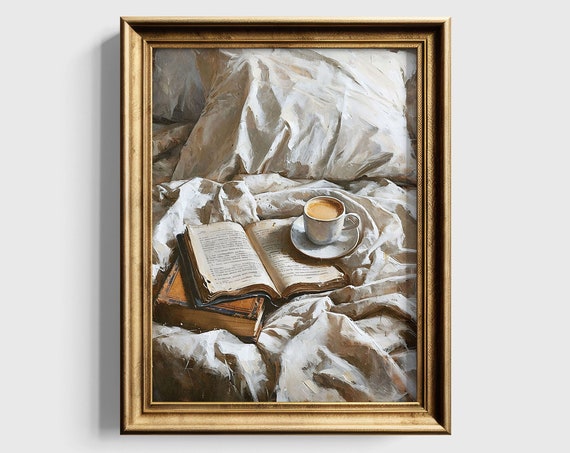 Morning Coffee Art Print Neutral Wall Art Moody Art Bookish Wall Decor Books And Coffee Art