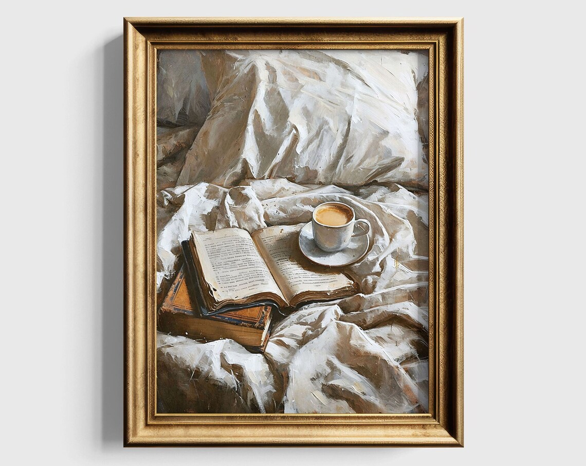 Open Book and Coffee Cup on White Bedding Oil Painting Poster