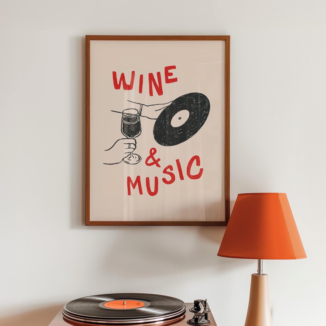Wine And Music Funny Retro Hand Drawn Vinyl Record Bar Poster