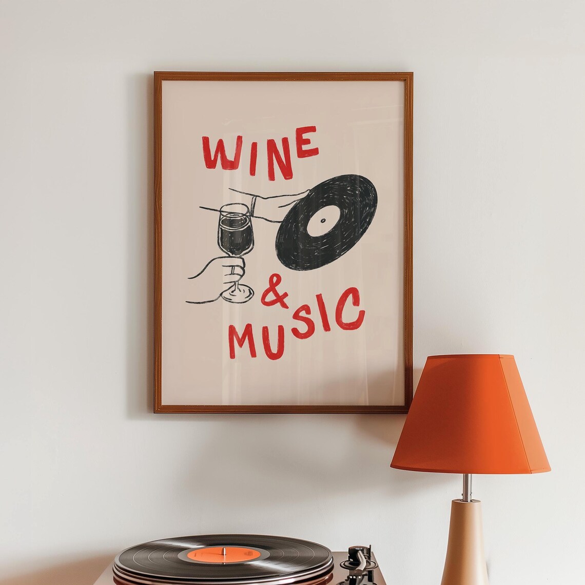 Wine And Music Retro Bar Cart Illustration With Record Player Poster