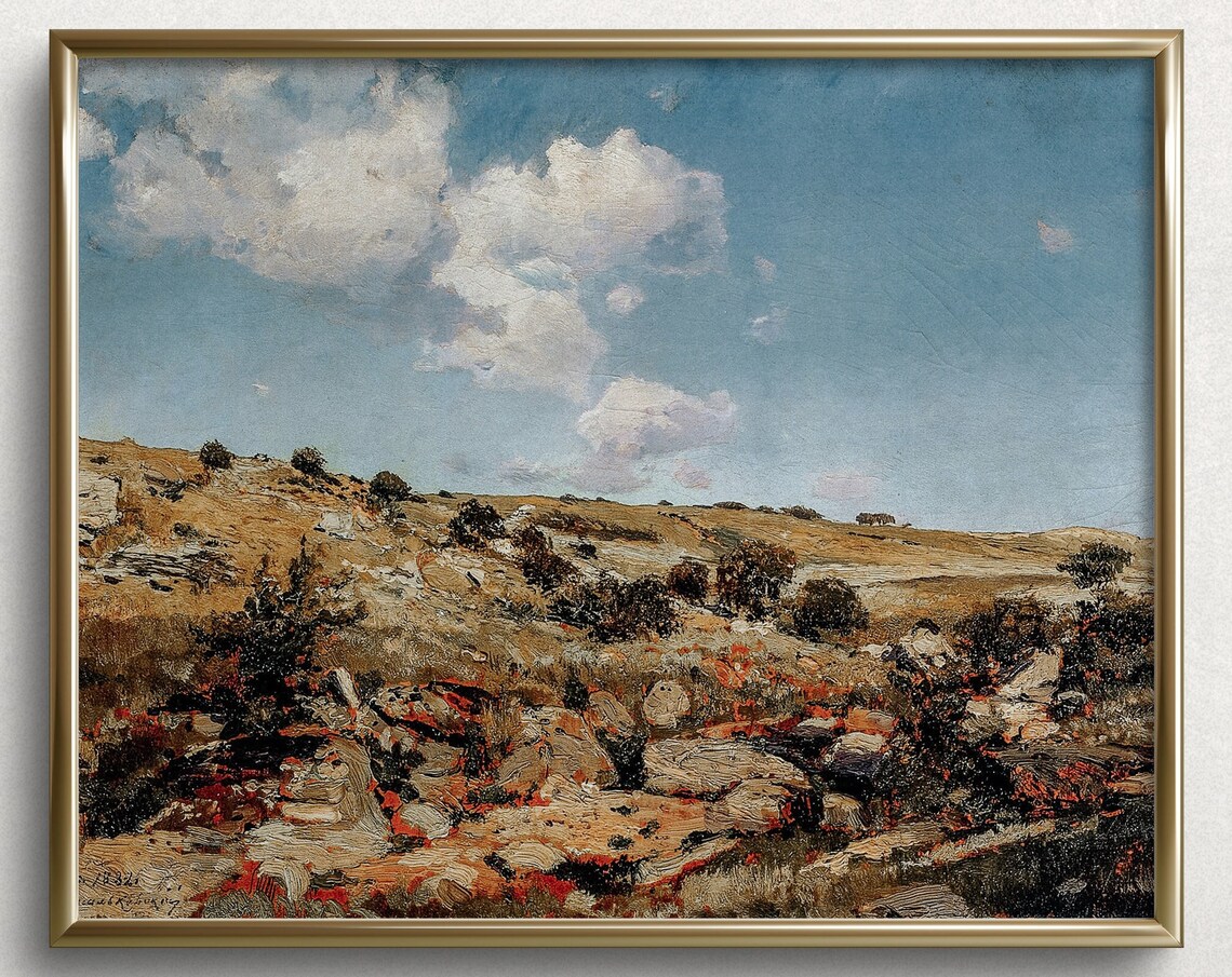 Desert Red Rock Hills Blue Sky Clouds Vintage Landscape Art Print