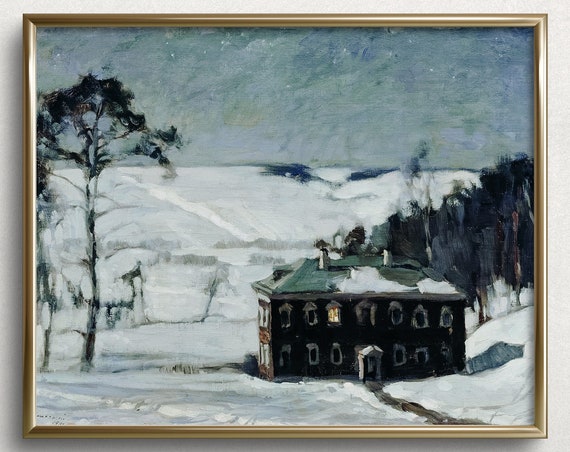 Winter Cottage Vintage Christmas Landscape Art Print