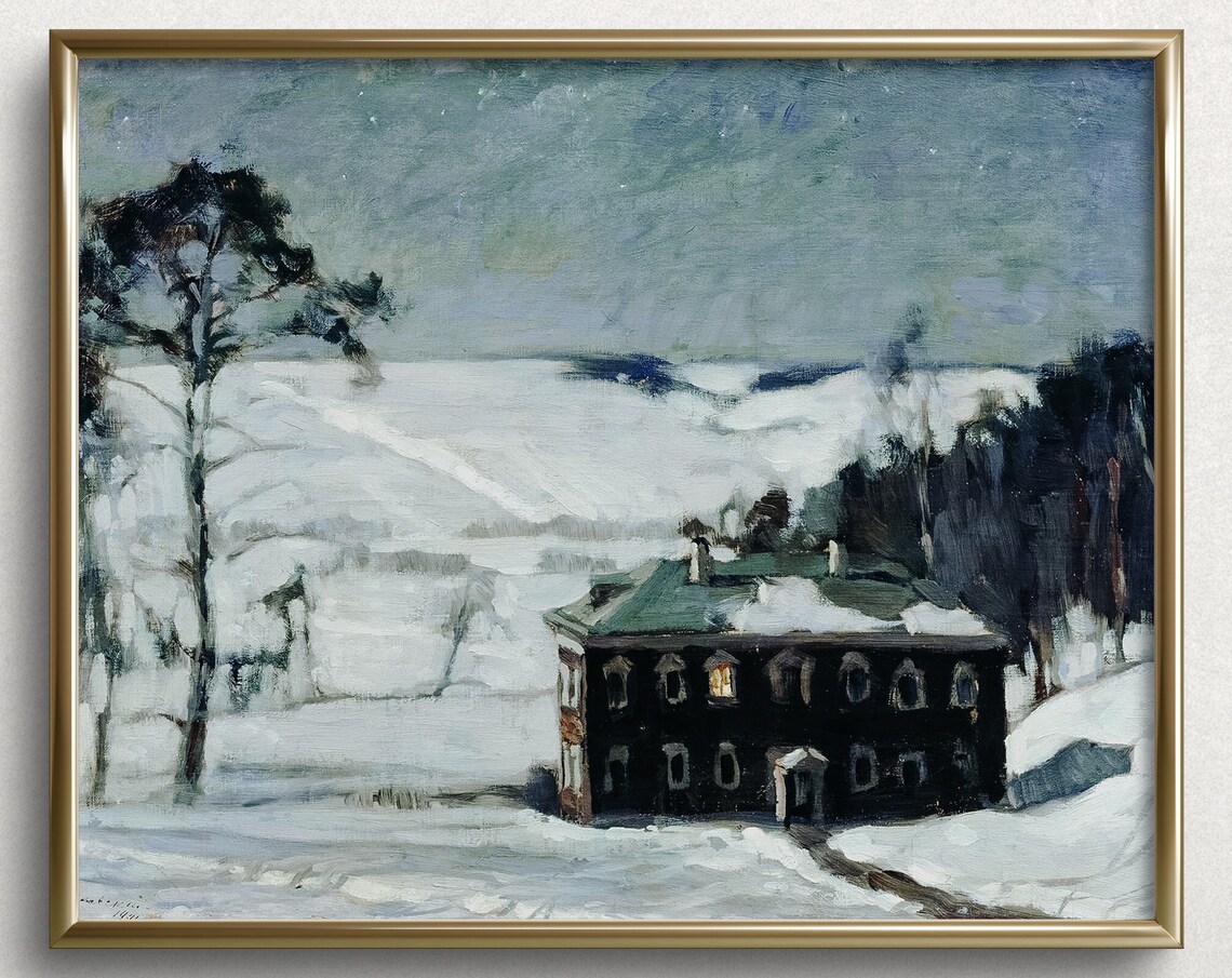 Winter Cottage Vintage Christmas Landscape Art Print