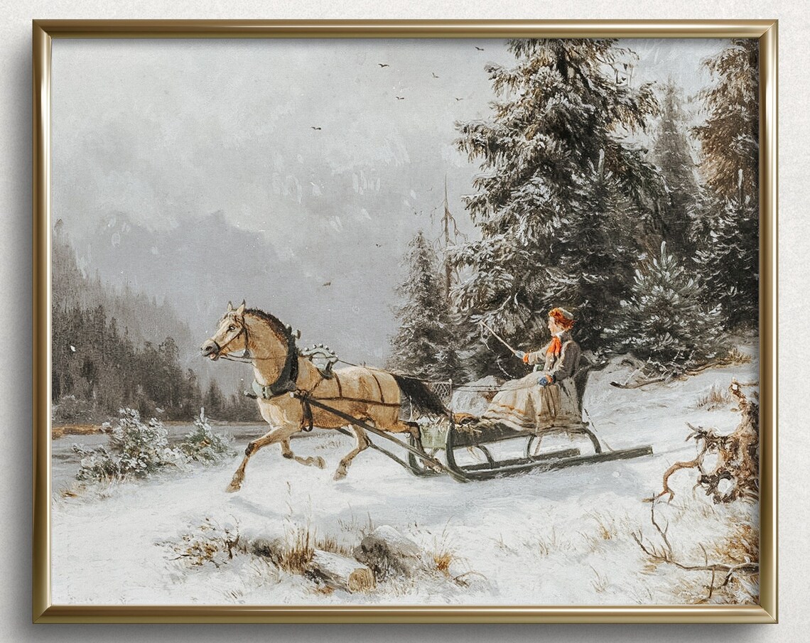 Christmas Sleigh Ride Vintage Winter Landscape Print