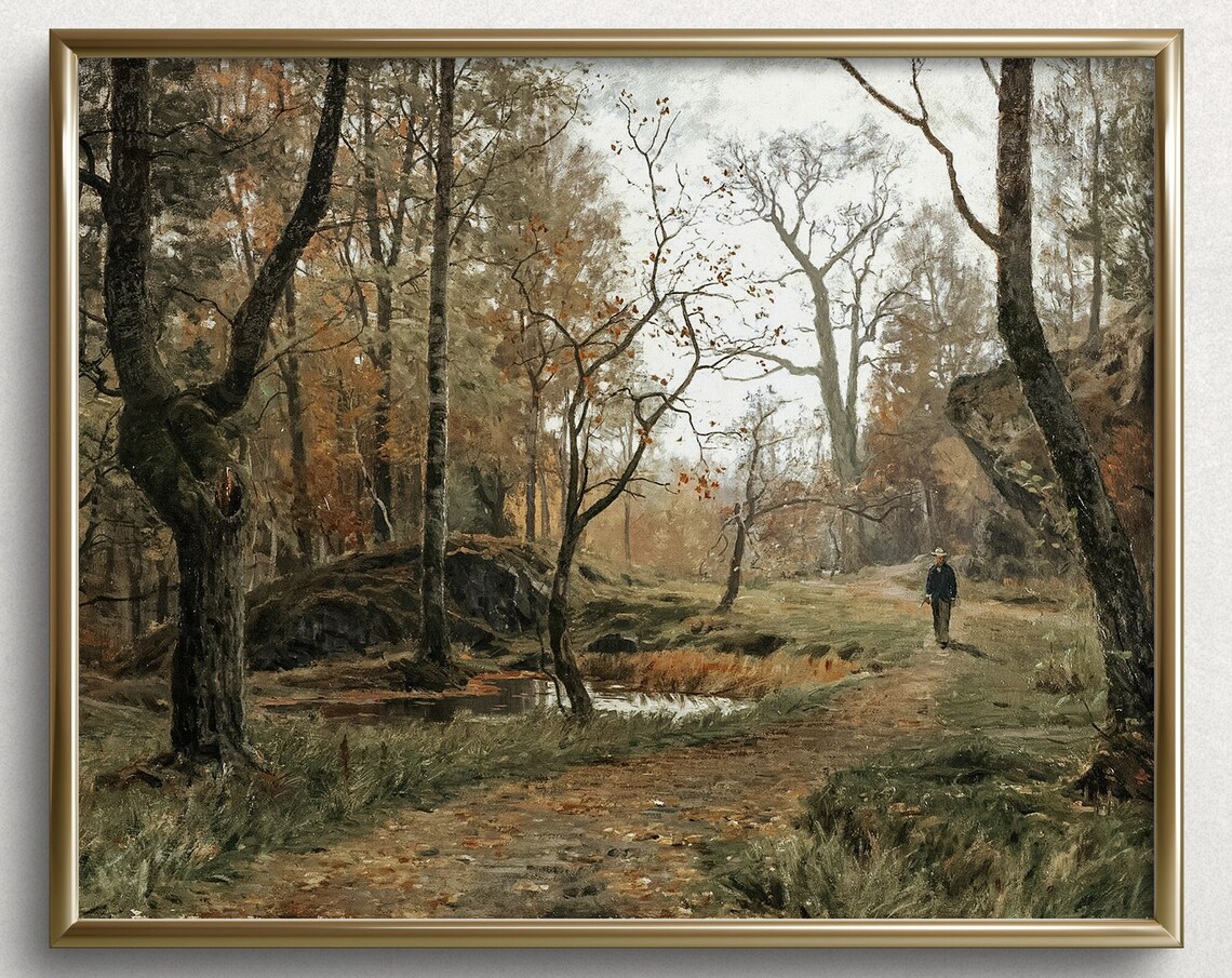 Autumn Woodland Walk Lone Figure Path Pond Vintage Art Print