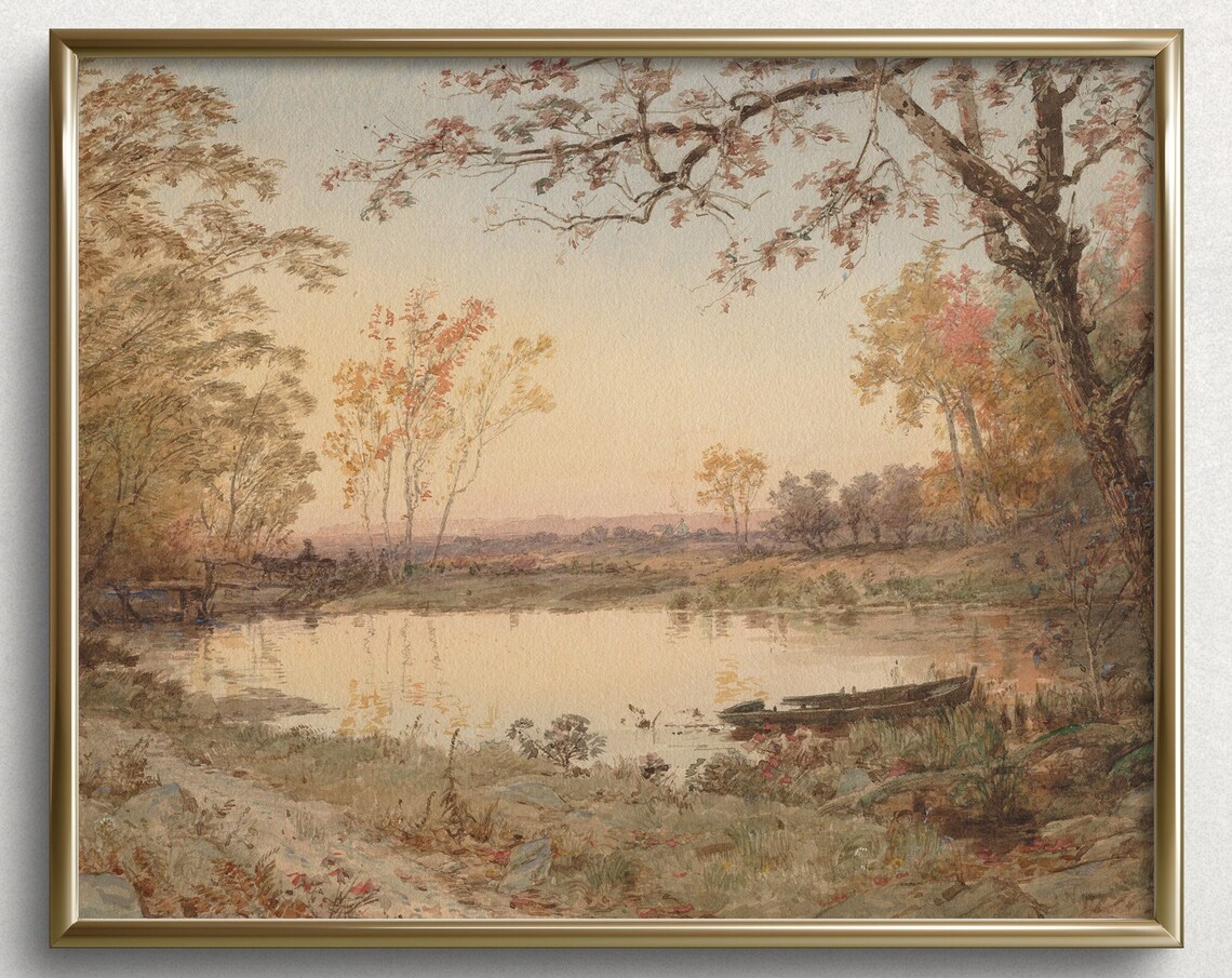 Pond in Autumn, Neutral Moody Autumn Wall Art Print