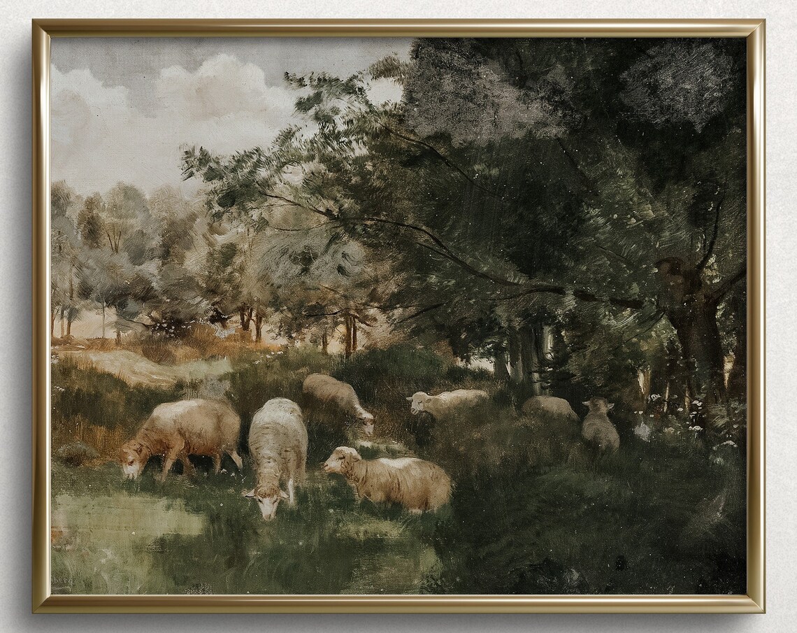 Sheep Grazing Green Pasture Vintage Countryside Farmhouse Art Poster