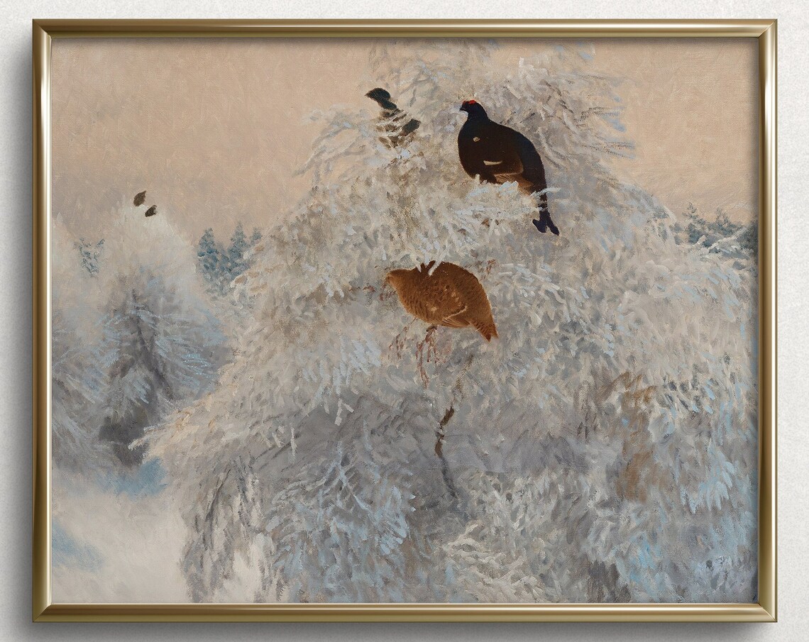 Winter Birds in Frosted Trees Snowy Plumage Vintage Art Print