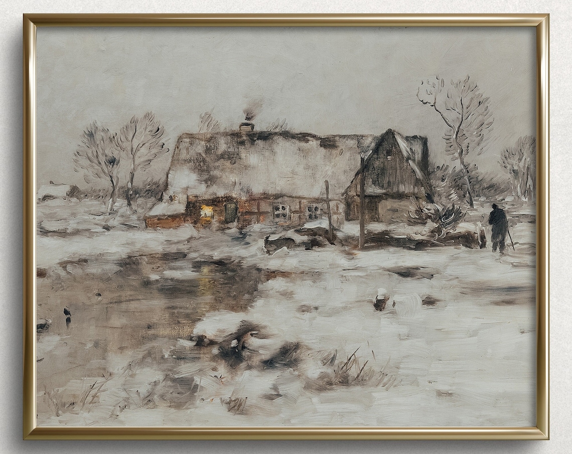 Snowy Cottage Glowing Window Winter Landscape Vintage Cabin Art Poster