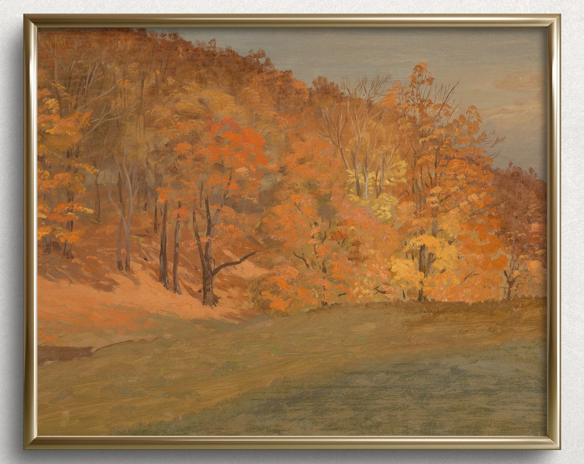 Autumn Forest Hillside Fall Foliage Warm Tones Vintage Art Print