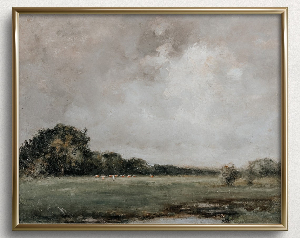 Stormy Pasture Moody Wall Art French Country Wall Art Countryside Oil Painting Vintage Landscape Painting L271