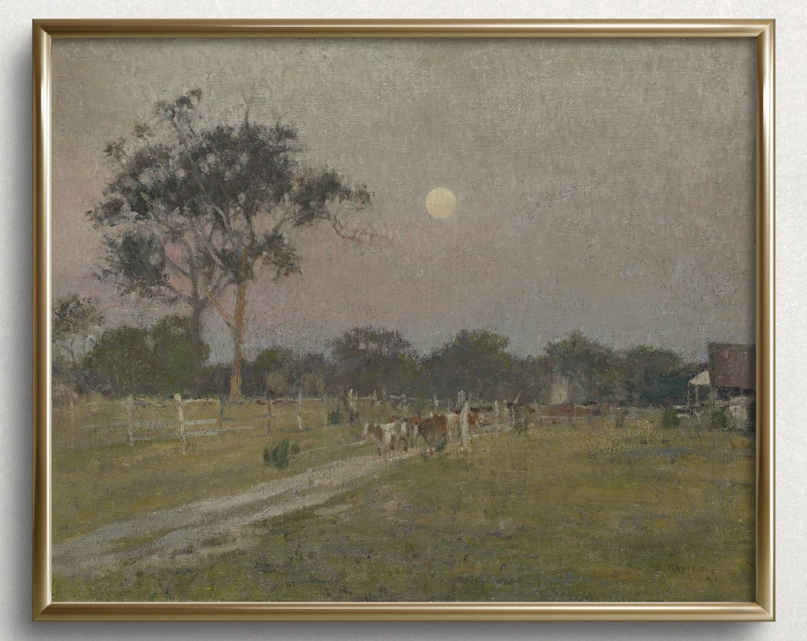 Moonrise Over Summer Fields Cows Pasture Night Vintage Art Print