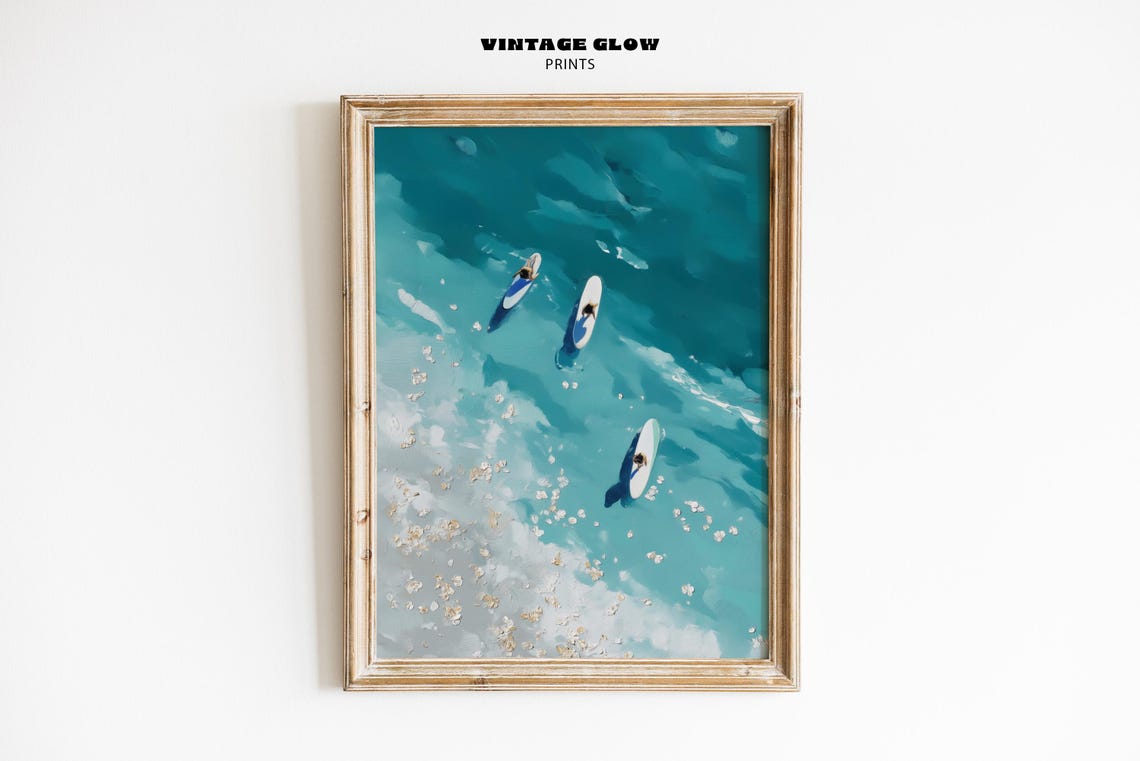 Aerial Surfers Turquoise Ocean Waves Coastal Painting Art Poster