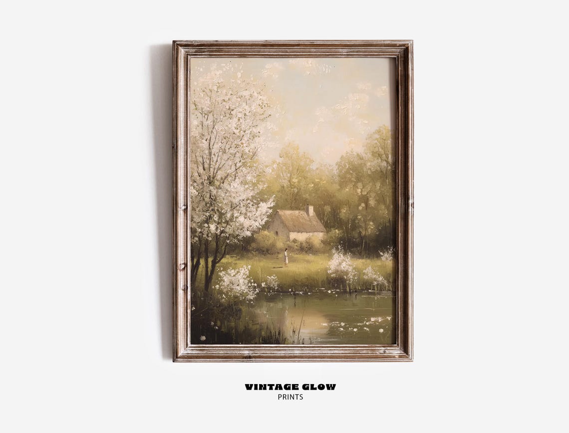 Vintage Spring Blossom Cottage Pond Landscape Painting Poster