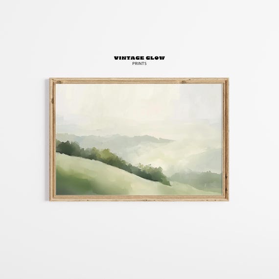 Modern Green Abstract Landscape Minimalist Neutral Painting Moody Farmhouse Wall Decor Earthy Beige Art
