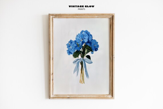 Blue Hydrangea Bouquet Watercolor Ribbon Floral Botanical Poster