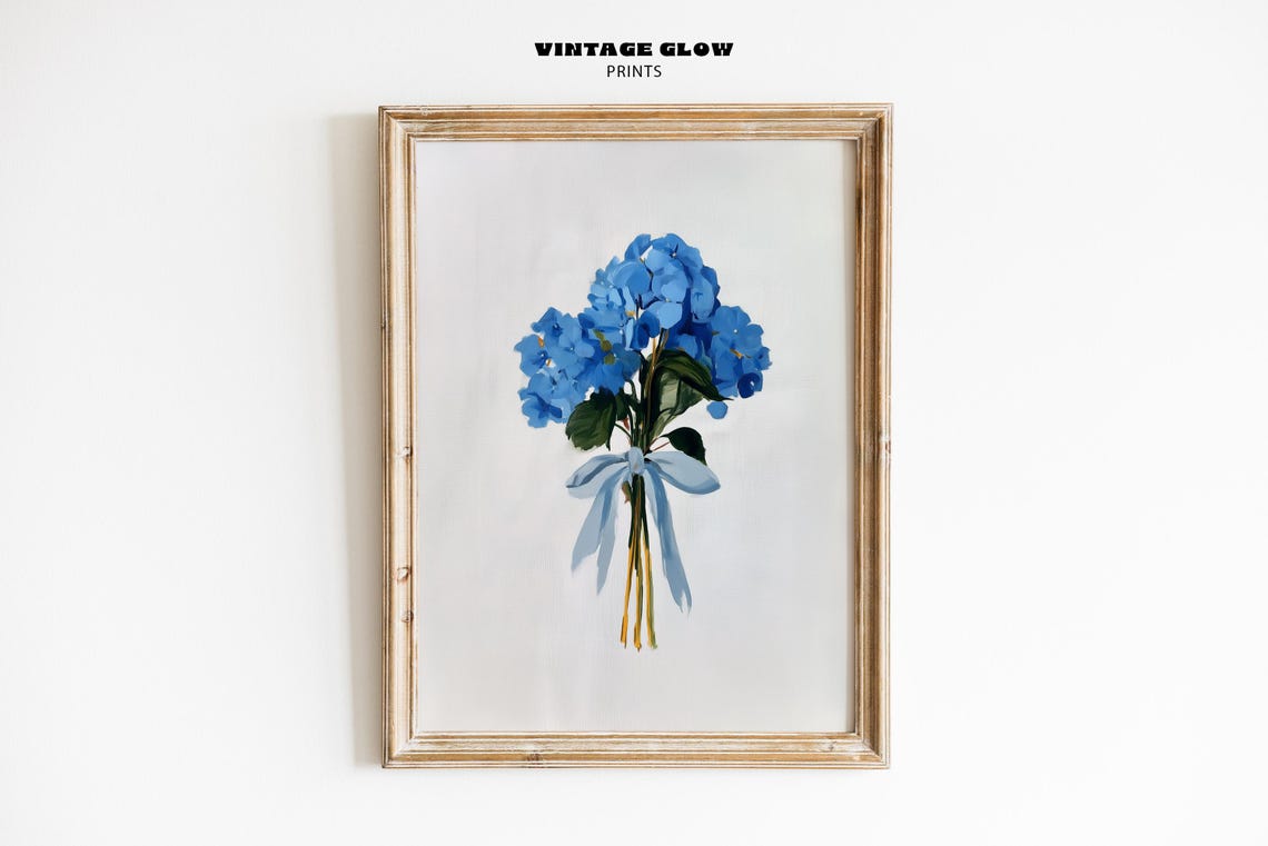 Blue Hydrangea Bouquet Watercolor Ribbon Floral Botanical Poster