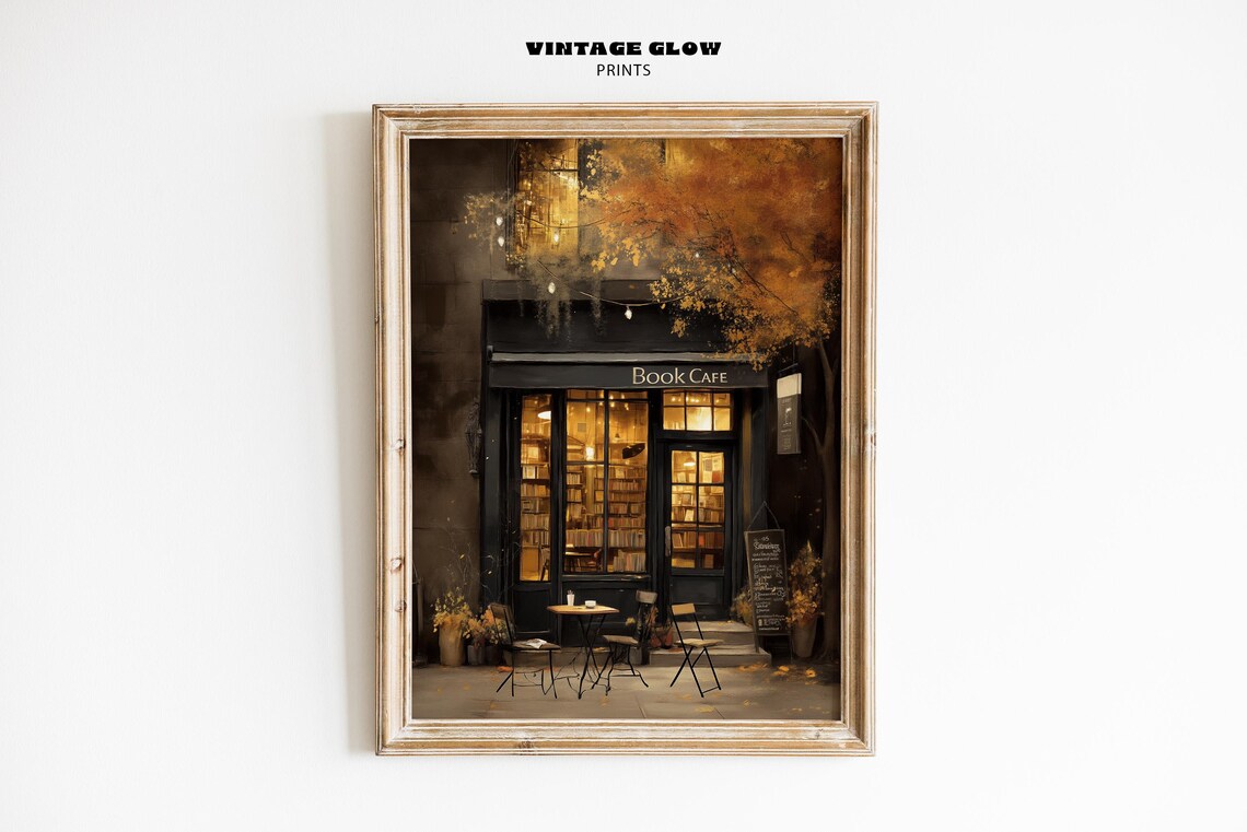 Cozy Autumn Coffee Shop Art Print, Dark Academia