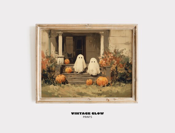 Cute Ghosts In Pumpkin Patch Painting Vintage Haunted Farmhouse Halloween Art Country Cottage Fall Decor V379