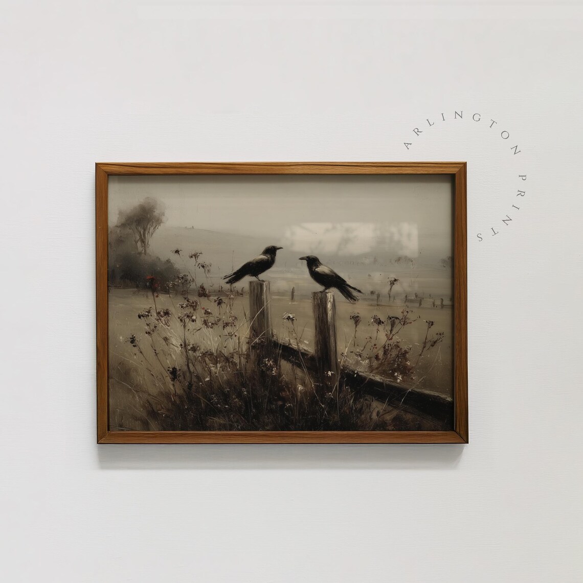 Two Crows on Fence Moody Misty Vintage Countryside Painting Poster