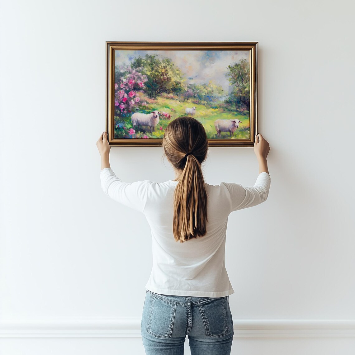Sheep Grazing in Flower Meadow Impressionist Oil Pastoral Art Poster - Image 2