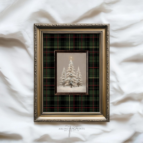Snowy Pine Trees Green Tartan Plaid Christmas Holiday Poster