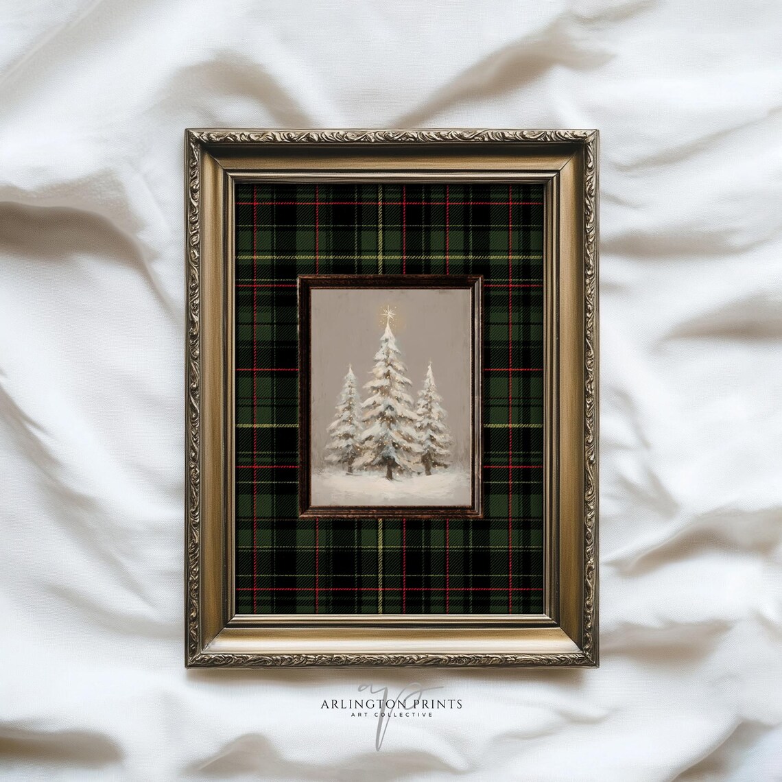 Snowy Pine Trees Green Tartan Plaid Christmas Holiday Poster