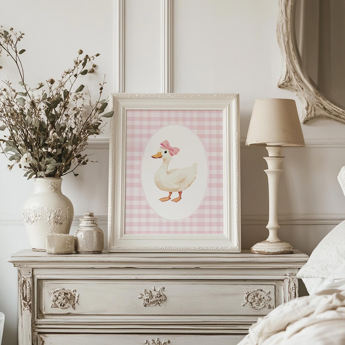 White Duck With Pink Bow Pink Gingham Girls Room Nursery Poster - Image 3