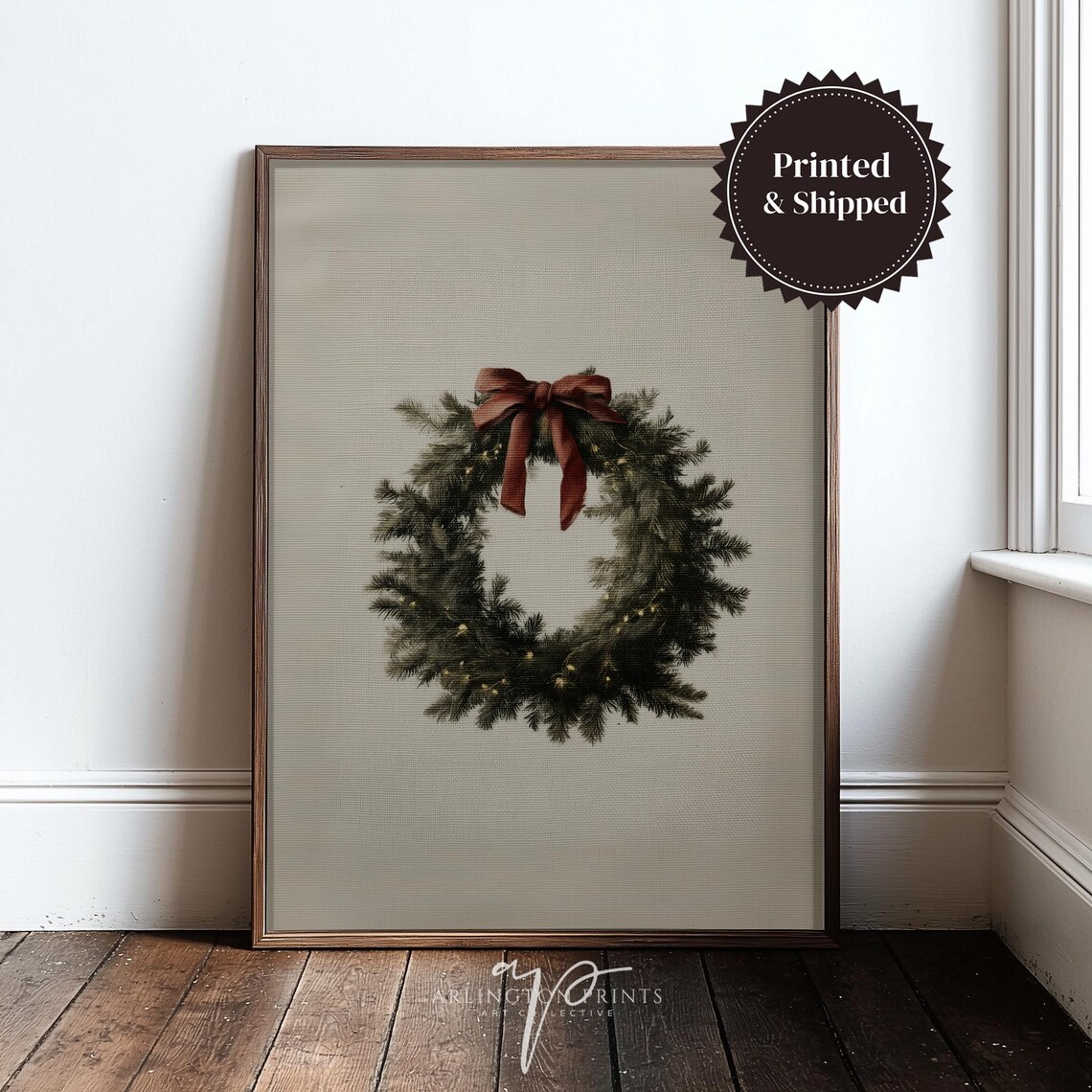 Rustic Christmas Wreath Art Print, Vintage Farmhouse