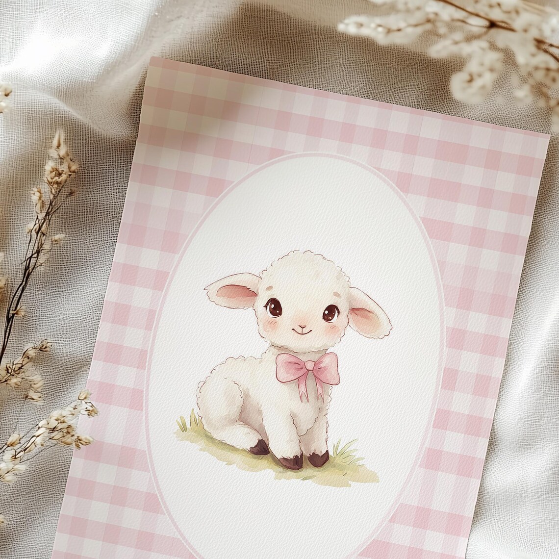 Sweet Lamb with Pink Bow on Gingham Cute Nursery Animal Art Poster - Image 2