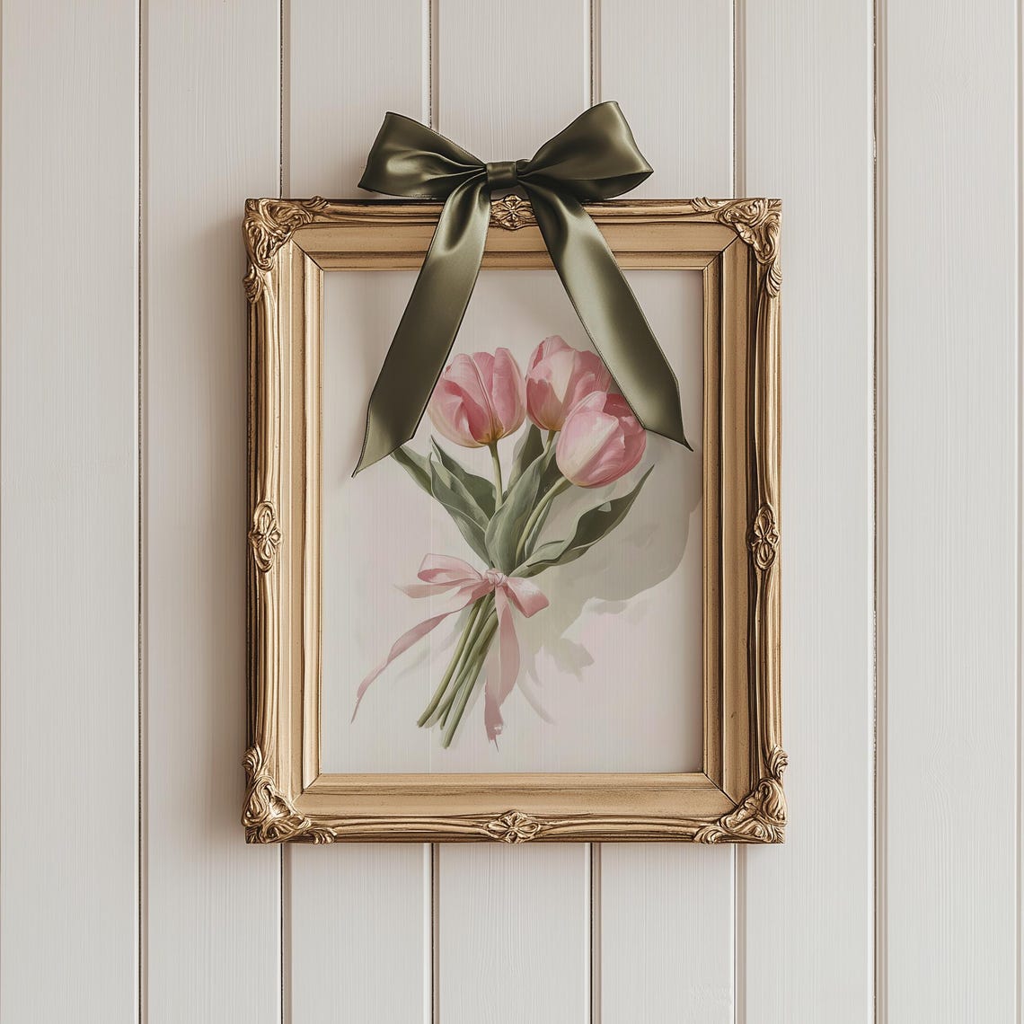 Pink Tulip Bouquet Ribbon Cottagecore Floral Spring Wall Art - Image 2