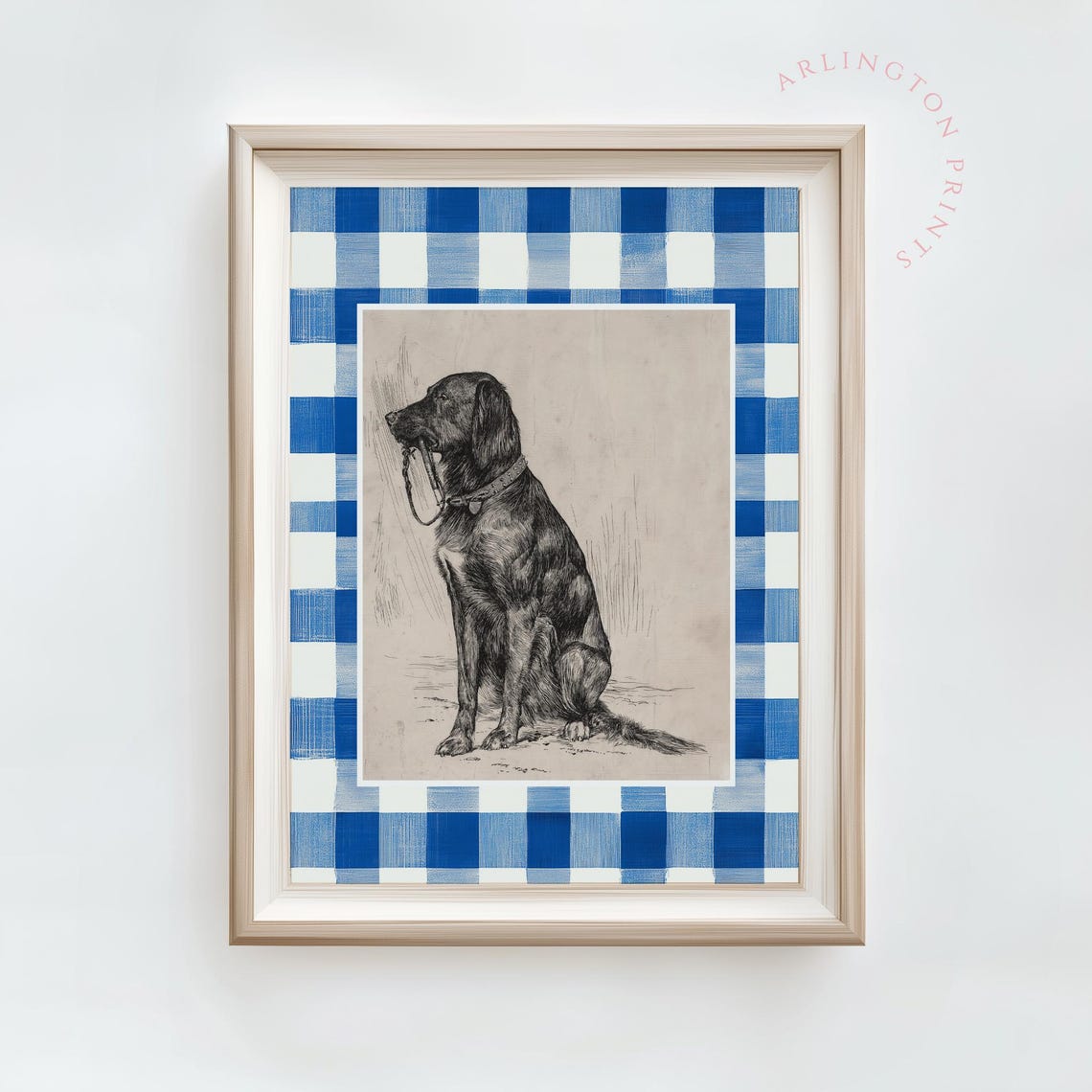 Vintage Dog Engraving Blue Gingham Check Preppy Sporting Art Poster - Image 3