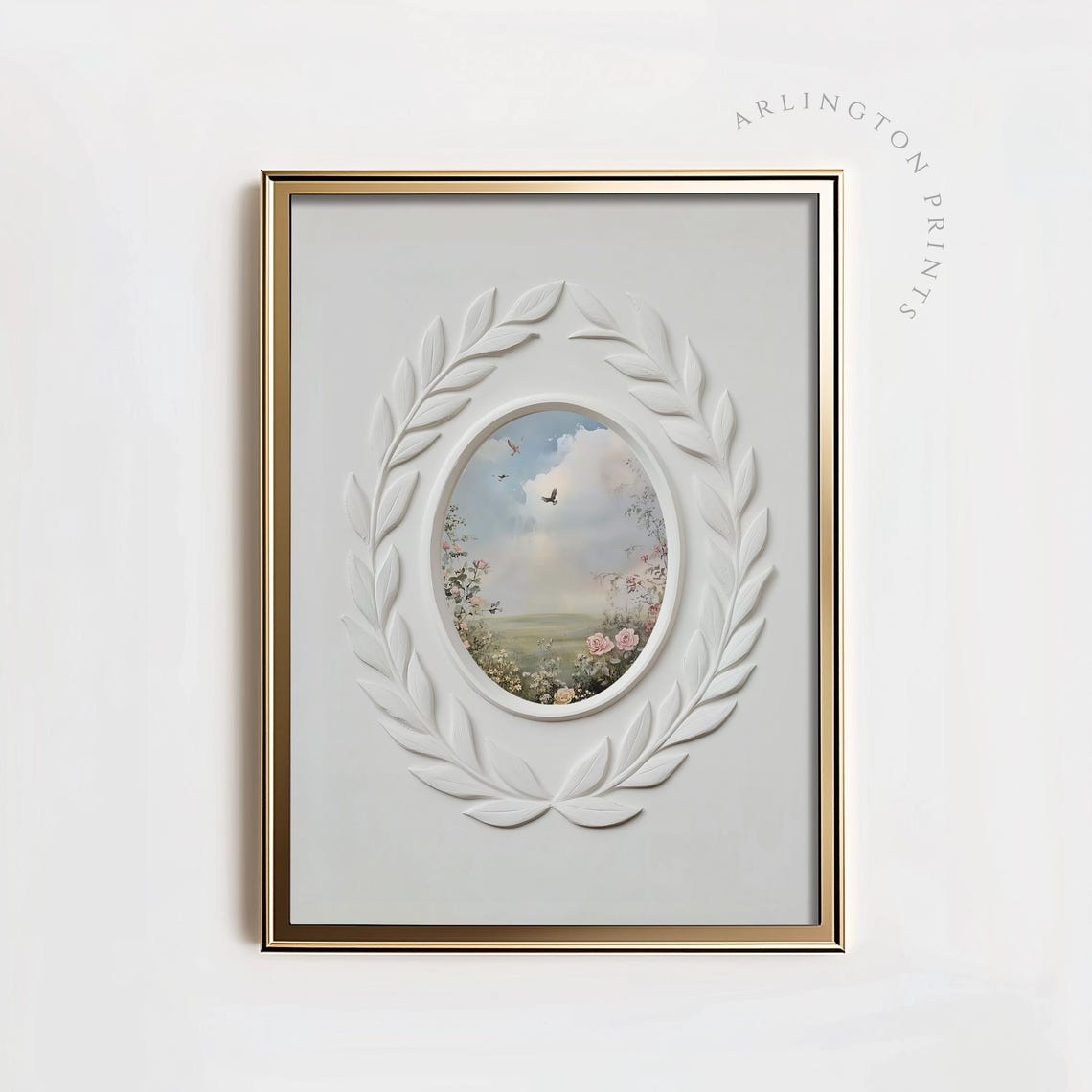 Oval Pastoral Landscape Cameo with Laurel Wreath Floral Relief Poster
