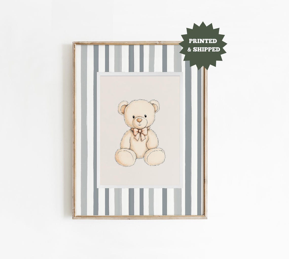 Vintage Teddy Bear Nursery Gray Striped Gender Neutral Baby Poster