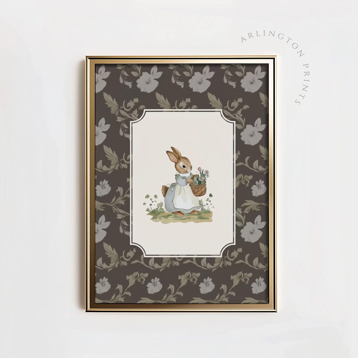 Sweet Bunny Girl With Flower Basket On Dark Floral Nursery Poster - Image 3