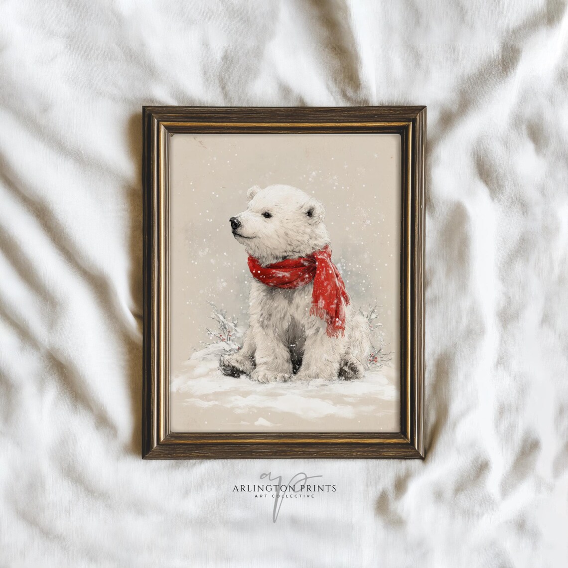 Sweet Cute Polar Bear Cub Red Scarf Winter Snow Watercolor Poster