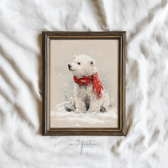 Sweet Cute Polar Bear Cub Red Scarf Winter Snow Watercolor Poster
