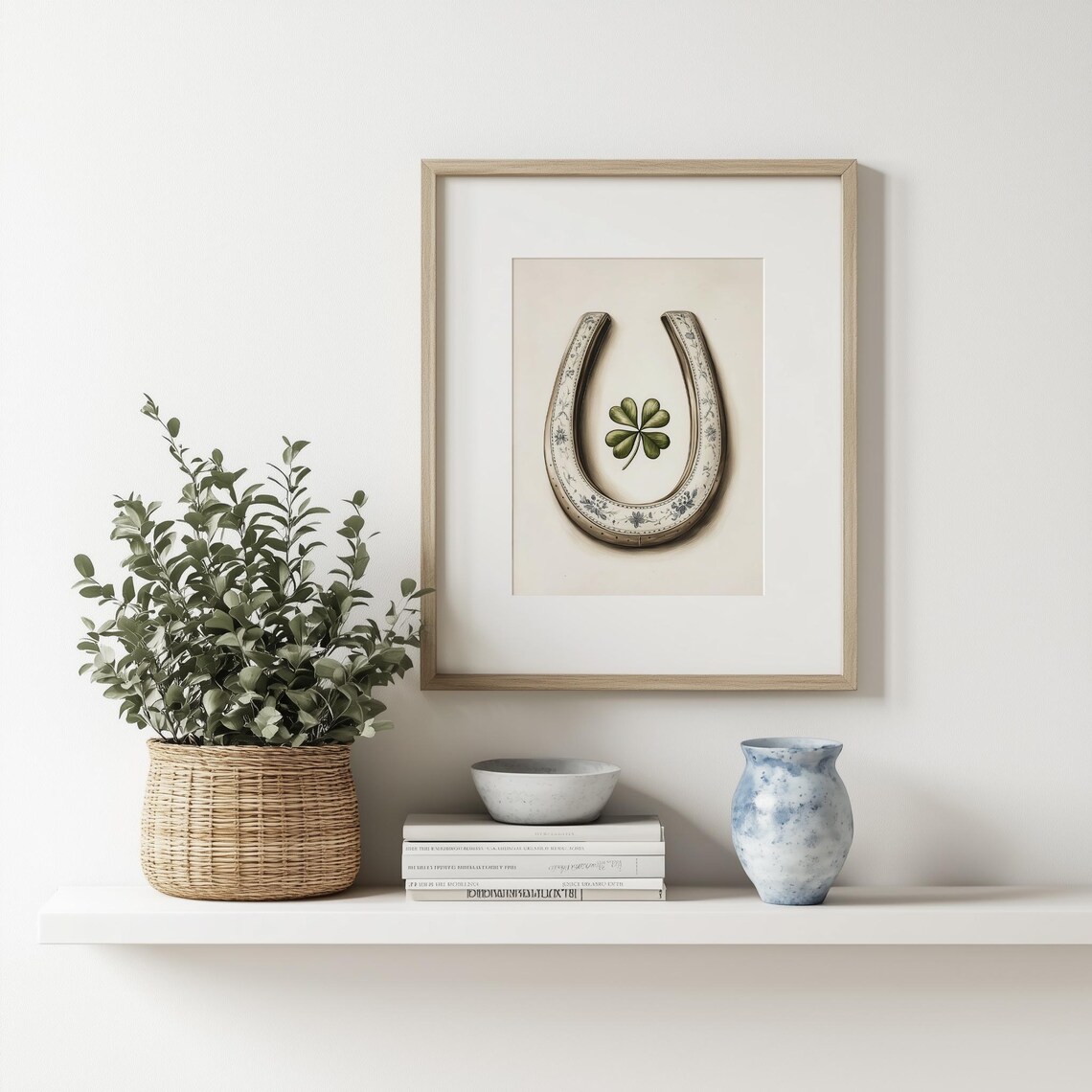 Cream Porcelain Horseshoe Shamrock Floral Lucky Charm Art Print - Image 3