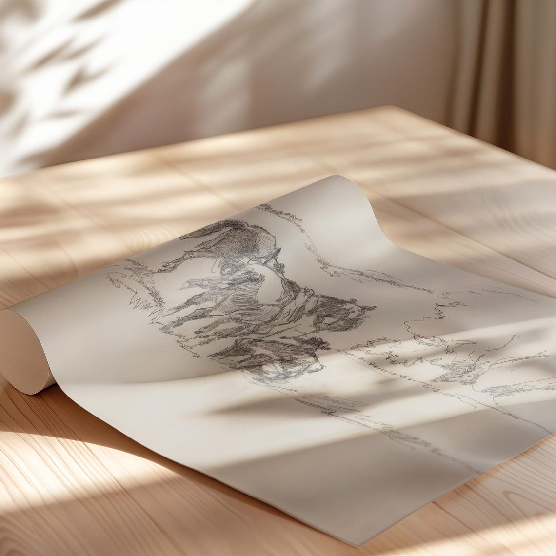 Cowboy with Horses Pencil Sketch Neutral Western Wall Poster - Image 3
