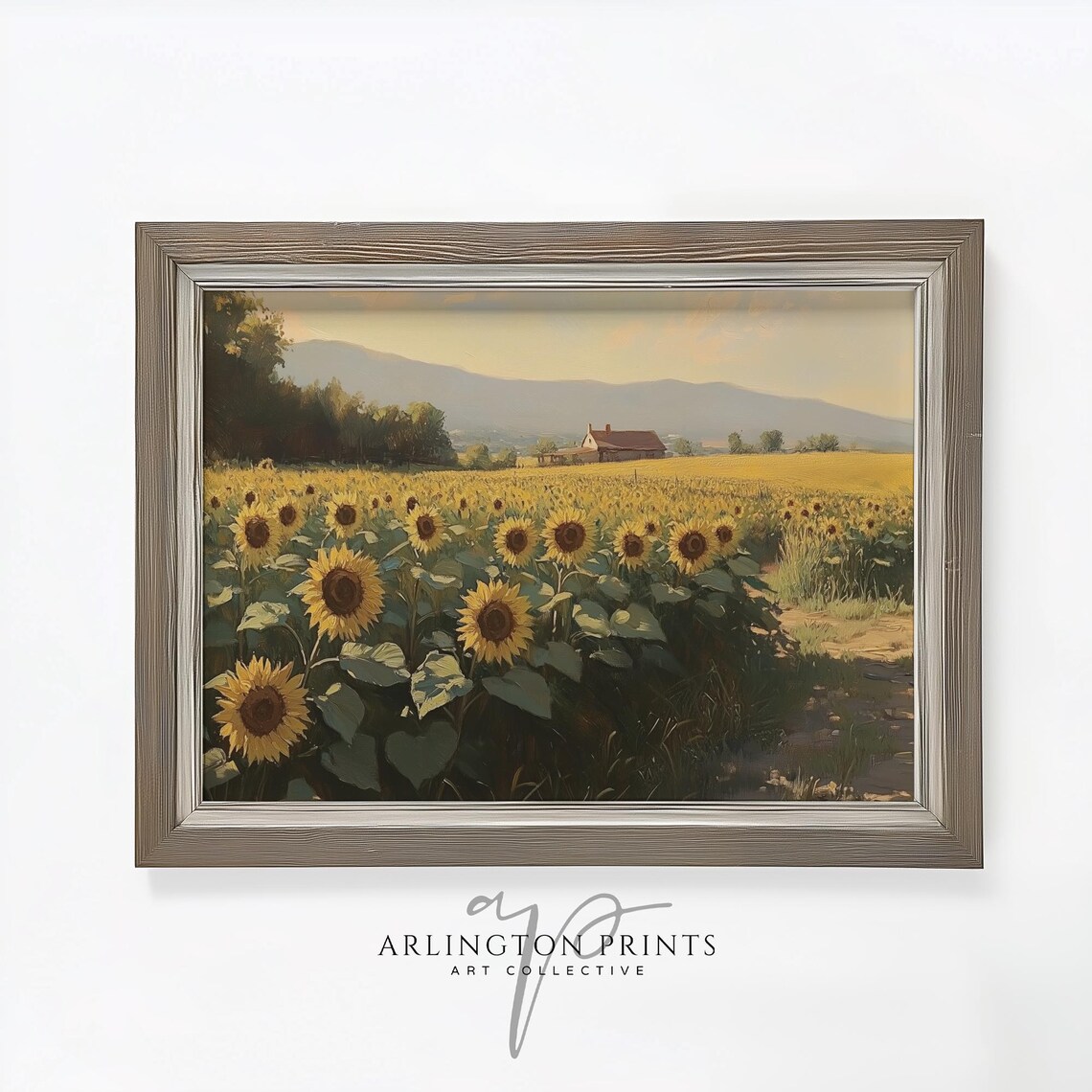 Sunflower Field at Golden Hour with Farmhouse Moody Landscape Print - Image 2