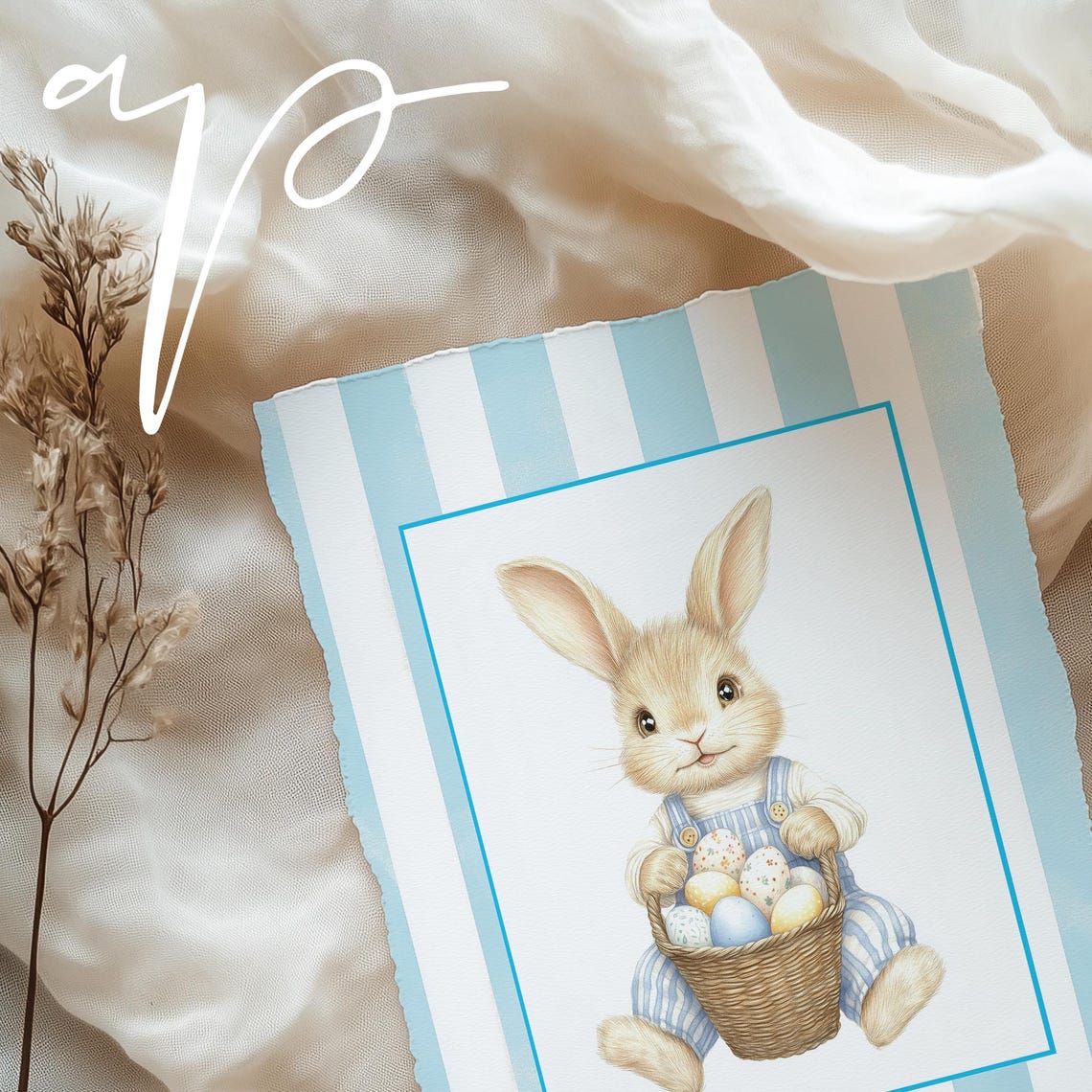 Easter Bunny With Egg Basket Blue Striped Spring Nursery Poster - Image 4