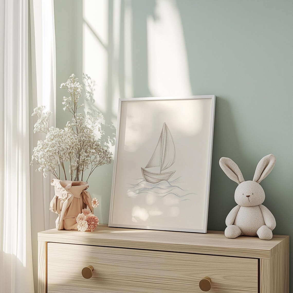 Minimalist Sailboat Sketch On Cream Nursery Nautical Art Poster - Image 5