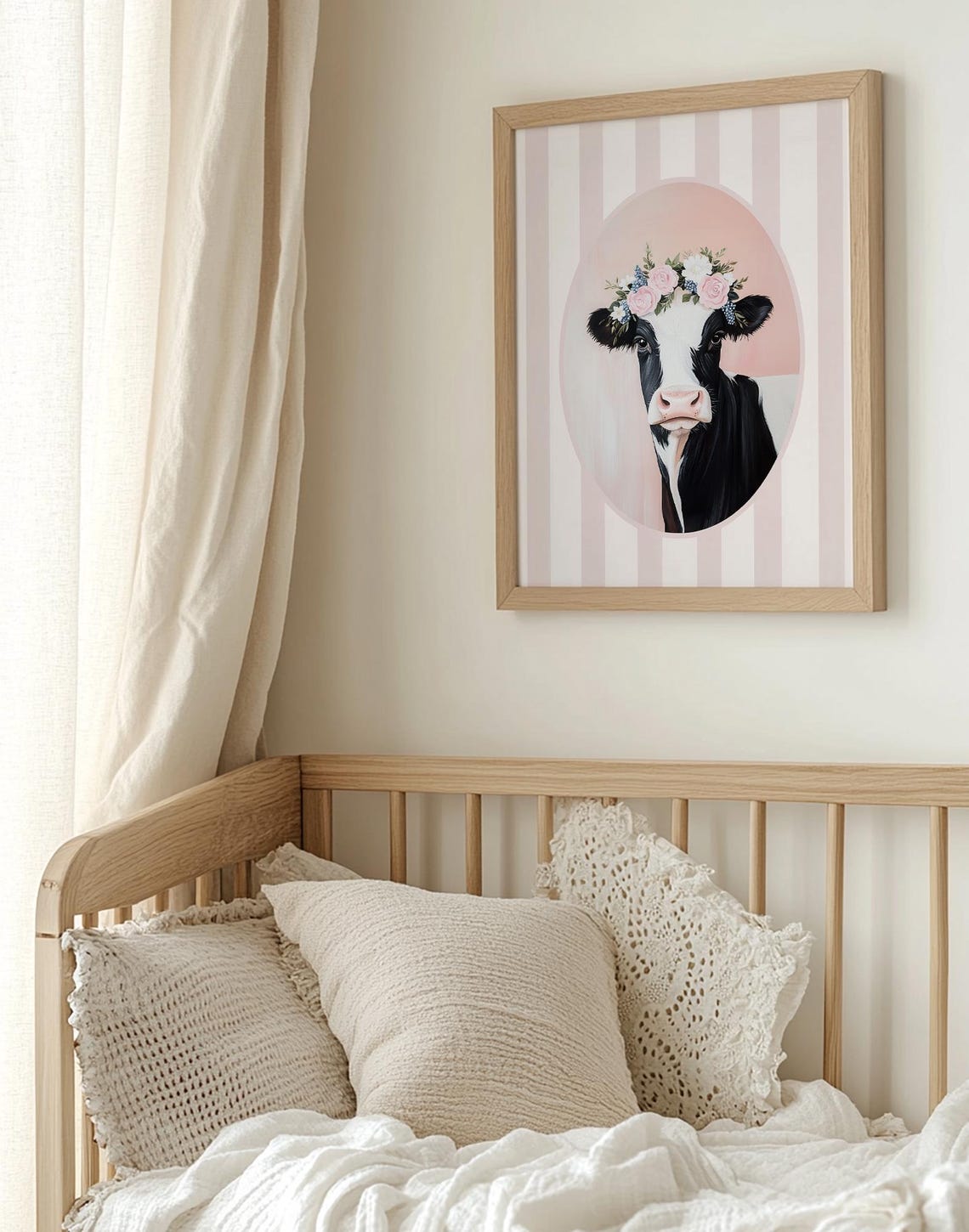 Cow with Flower Crown Pink Stripes Whimsical Nursery Decor Poster - Image 5