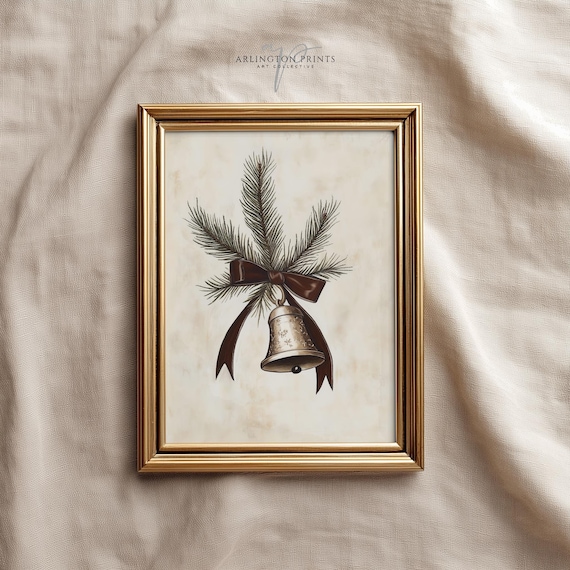 Elegant Farmhouse Christmas Bell Brown Bow Neutral Holiday Wall Art