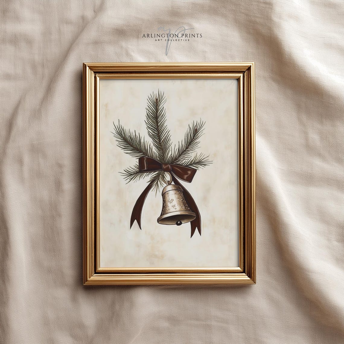 Elegant Farmhouse Christmas Bell Brown Bow Neutral Holiday Wall Art