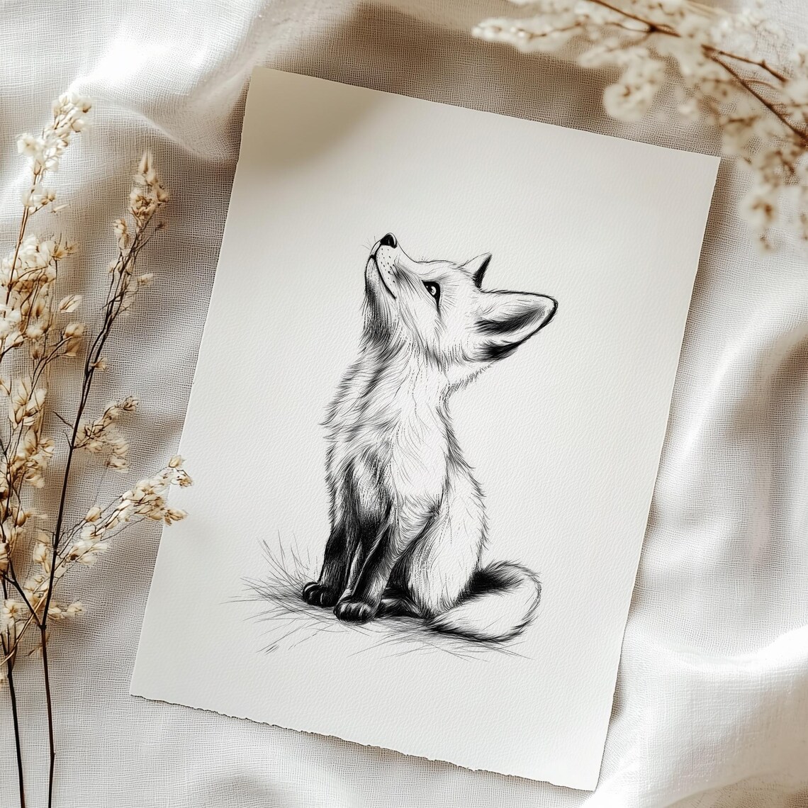 Woodland Fox Cub Looking Up Black Ink Sketch Minimalist Animal Print - Image 3