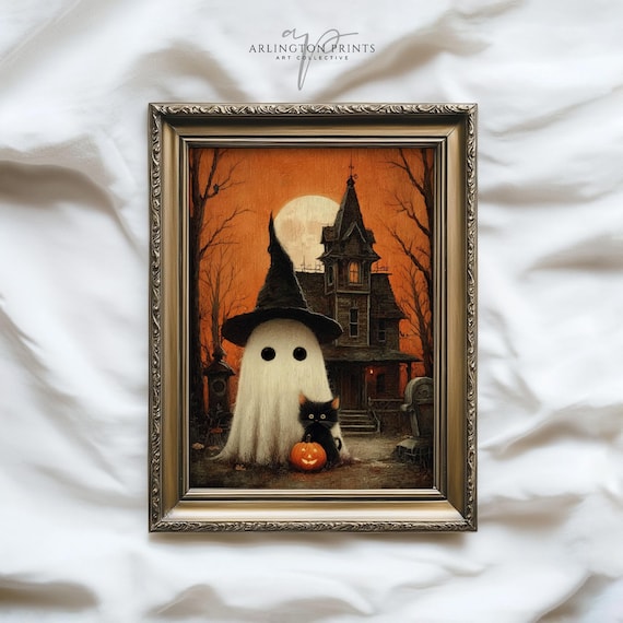 Cute Halloween Art Haunted House Wall Decor Black Cat With Pumpkin Spooky Witch Hat Print Vintage Artwork 0744