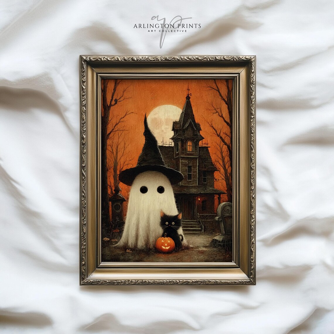 Cute Halloween Art Haunted House Wall Decor Black Cat With Pumpkin Spooky Witch Hat Print Vintage Artwork 0744